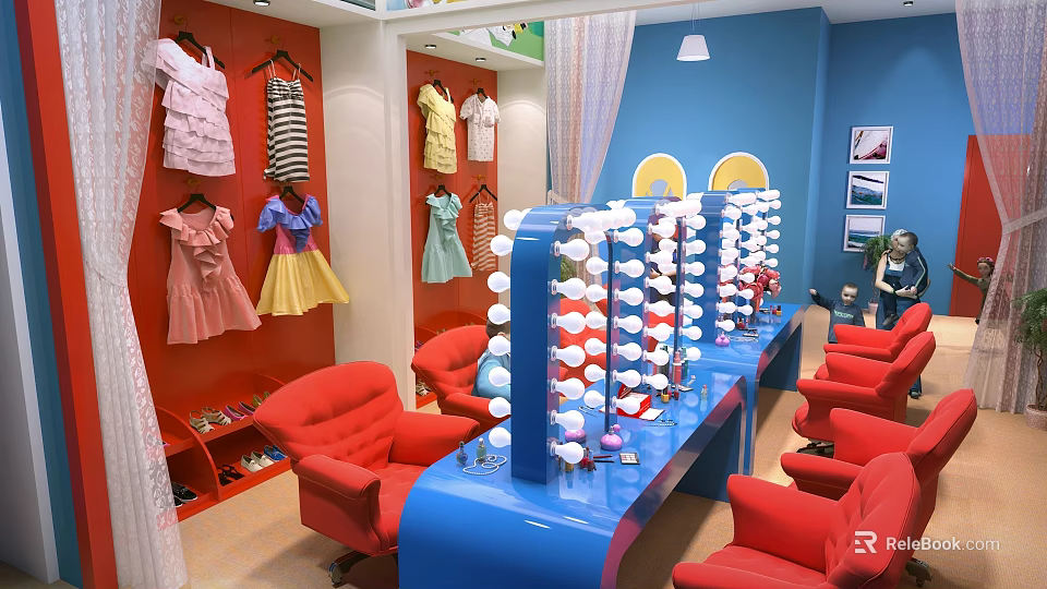 Kids Playground Dress Up Area With Colorful Decor Red Chairs And Mirrors 3d model 