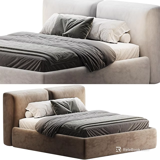 Modern Double Bed With Upholstered Headboard Soft Gray Bedding And Plush Pillows 3d model 