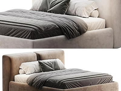 Modern Double Bed With Upholstered Headboard Soft Gray Bedding And Plush Pillows 3d model