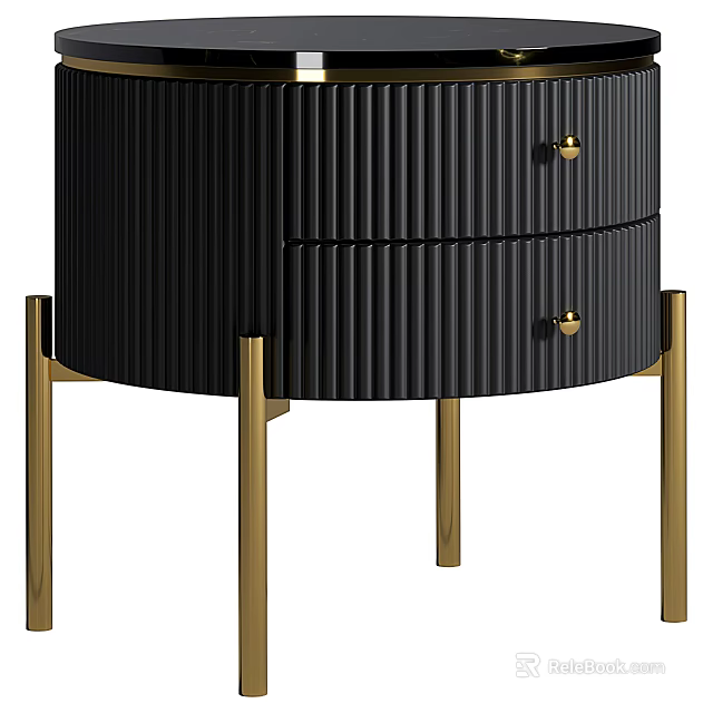 Modern Black Vertical Striped Bedside Table With Two Drawers And Gold Handles Gold Legs 3d model 