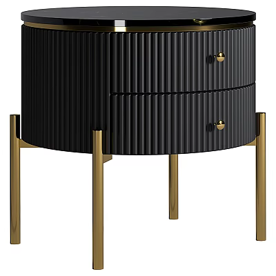 Modern Black Vertical Striped Bedside Table With Two Drawers And Gold Handles Gold Legs 3d model
