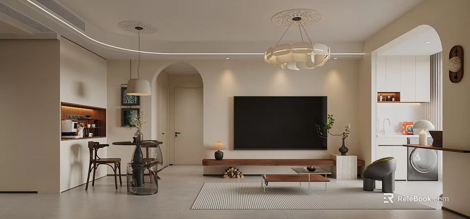 Modern Living and Dining Room Interior With Large TV Coffee Table Pendant Lights Decorative Plants 3d model 