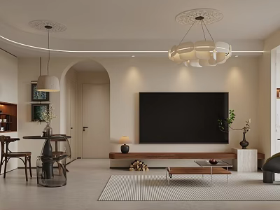 Modern Living and Dining Room Interior With Large TV Coffee Table Pendant Lights Decorative Plants 3d model