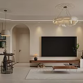 Modern Living and Dining Room Interior With Large TV Coffee Table Pendant Lights Decorative Plants
