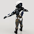 Game Movie Character In Blue Gold Gray Spacesuit With Helmet Armor And Arms Outstretched