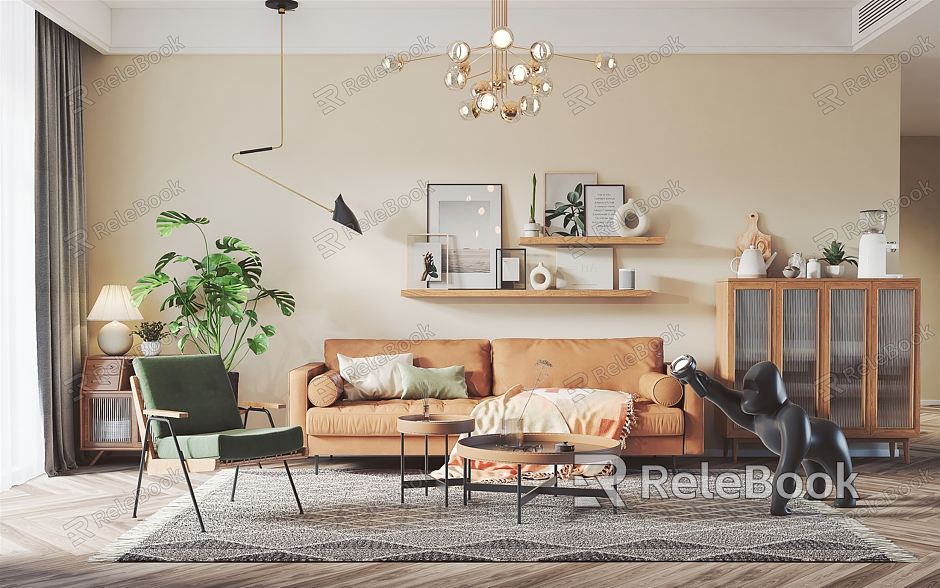 Nordic Living Room Sofa Coffee Table Combination Sofa Background Wall Leisure Chair Entrance Cabinet Living Room Chandelier Creative Chandelier Green Plant model