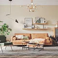 Living Room Interior With Chandelier Beige Walls Brown Sofa Green Armchair Coffee Table And Plant