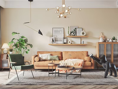 Living Room Interior With Chandelier Beige Walls Brown Sofa Green Armchair Coffee Table And Plant 3d model