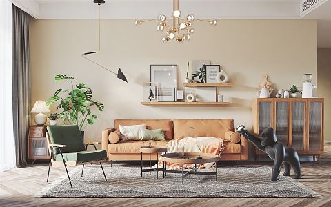 Nordic Living Room Sofa Coffee Table Combination Sofa Background Wall Leisure Chair Entrance Cabinet Living Room Chandelier Creative Chandelier Green Plant 3d model