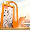Vibrant Orange Ice Cream Display Setup With Gelato Italiano Icons And Staircase