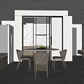 Modern Restaurant Interior With White Round Dining Table Light Chairs Circular Pendant Light And Marble Backdrop 3d model