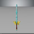 Fantasy Sword With Blue Blade Golden Wing Hilt Red Handle And Blue Gemstone Decoration