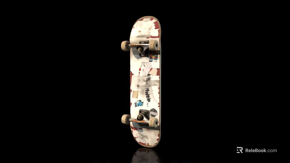 Stylish White Skateboard With Colorful Graphics And Four Wheels On Black Background 3d model 