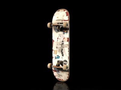 Stylish White Skateboard With Colorful Graphics And Four Wheels On Black Background 3d model