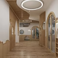 Elevator Hallway Interior With Wooden Flooring Circular Pendant Lights Curved Design Green Seating And Bookshelves
