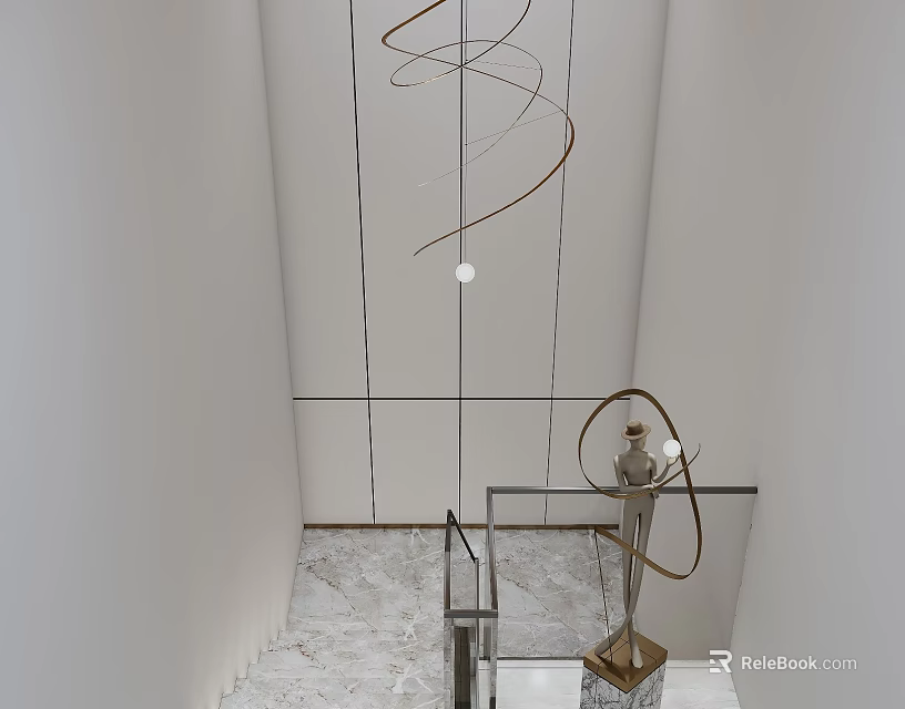 Modern Interior With Spiral Pendant Light Marble Staircase Glass Railing And Sculpture 3d model 