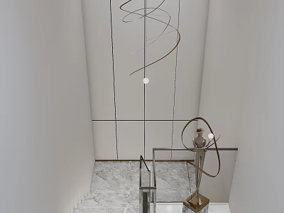 Modern Interior With Spiral Pendant Light Marble Staircase Glass Railing And Sculpture 3d model
