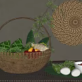 Traditional Glutinous Rice Dumplings Wrapped In Bamboo Leaves With Boiled Eggs Porridge And Wicker Basket