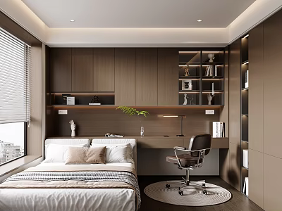 Modern Tatami Bedroom Design With Platform Bed Desk Chair And Wooden Storage 3d model