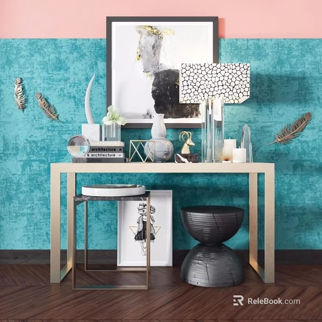 Stylish Console Table Against Teal Wall With Decorative Table Lamp Vase Books And Stool 3d model 