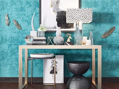 Stylish Console Table Against Teal Wall With Decorative Table Lamp Vase Books And Stool 3d model
