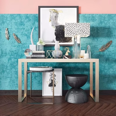 Stylish Console Table Against Teal Wall With Decorative Table Lamp Vase Books And Stool 3d model