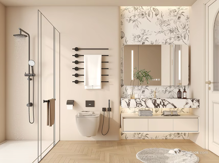 Modern Bathroom Interior Design With Glass Shower Enclosure Marble Countertop And Mirror 3d model 