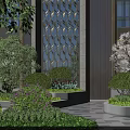 Modern Building With Decorative Lattice Wall Plant Combinations Green Shrubs Purple Flowers White Planters