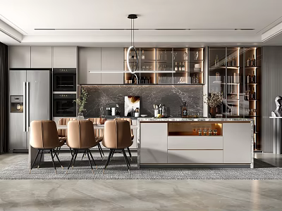Modern Open Concept Kitchen Interior Design With Island Counter And Cabinets 3d model