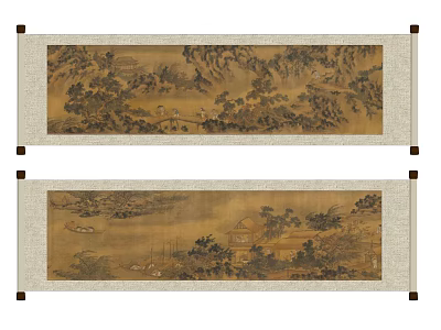 Traditional Chinese Landscape Painting With Rolling Hills Trees Boats And Ancient Pavilions 3d model