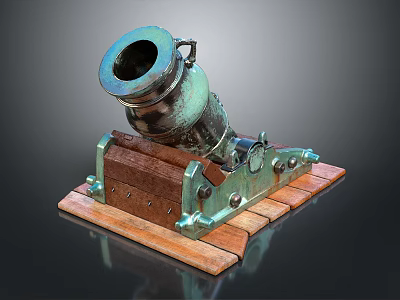 Vintage Decorative Cannon With Patina Metal Barrel And Wooden Base Fittings 3d model