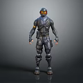 Game Movie Character In Armored Suit With Orange Visor And Tactical Gear