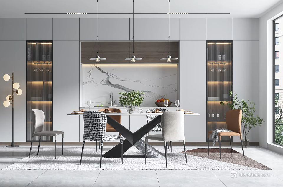 Modern Dining Table Set With Mixed Chairs Hanging Lights And Marble Backdrop 3d model