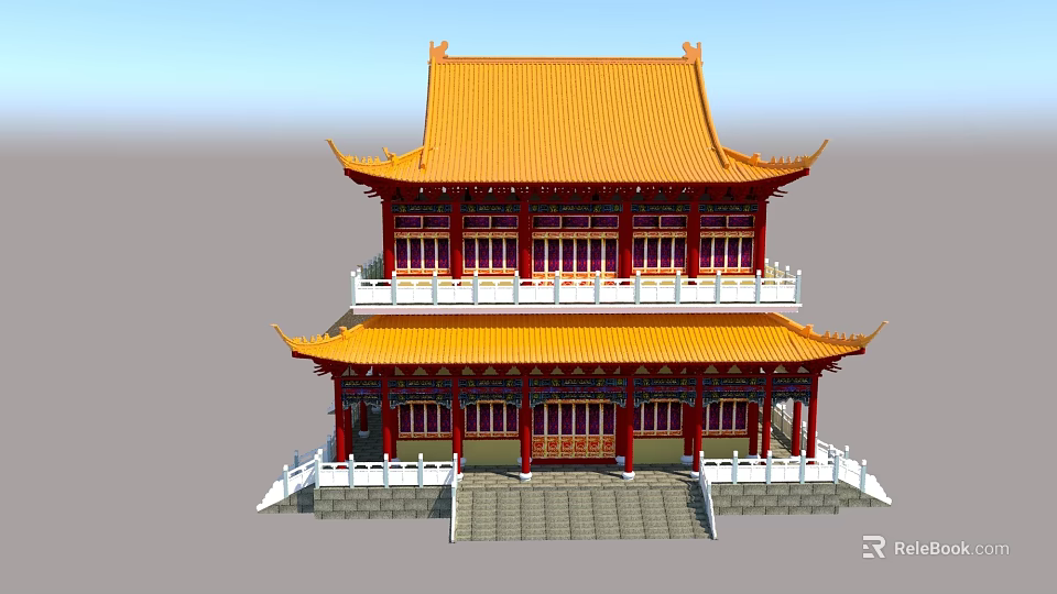 Traditional Chinese Ancient Building With Two Story Yellow Roof Red Pillars And Stone Steps 3d model 