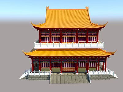 Traditional Chinese Ancient Building With Two Story Yellow Roof Red Pillars And Stone Steps 3d model