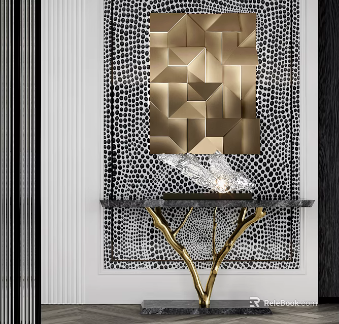 Modern Luxury Console Table With Geometric Gold Panel And Black White Patterned Backdrop 3d model 