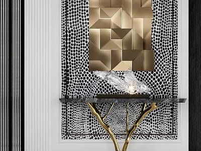Modern Luxury Console Table With Geometric Gold Panel And Black White Patterned Backdrop 3d model