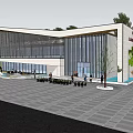 Modern Sales Office Building With Green Roof Glass Facade And Landscaping Trees