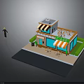 3D Cafe Model With Outdoor Seating Striped Awning Signboard And Figure