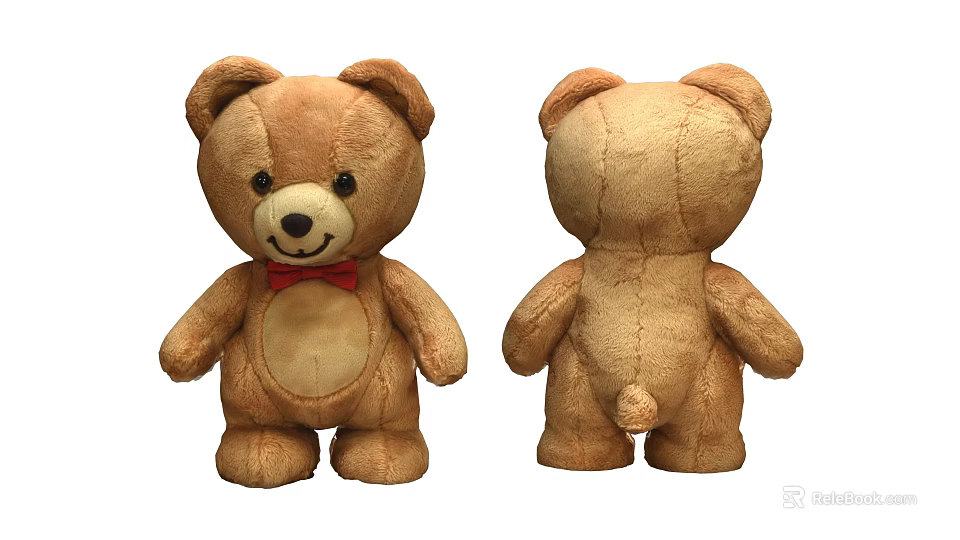 Brown Plush Teddy Bear Doll With Red Bow Tie Front And Back Views 3d model 