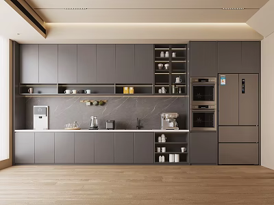 Elegant Modern Kitchen Interior With Gray Cabinets Appliances Shelf Items And Wooden Floor 3d model