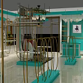 Turquoise Clothing Store Exterior With Gold Accents Glass Windows Mannequins And Plants