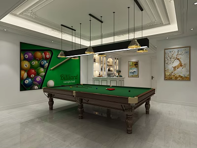 Recreation Room Interior Design With Green Billiard Table Colorful Balls Decor And Pendant Lights 3d model