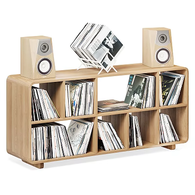 Wooden Open Design Bookcase With Multiple Compartments Filled With Books And Speakers On Top 3d model