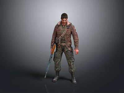 Male Character In Military Style Outfit Holding Rifle Standing On Gray Background 3d model