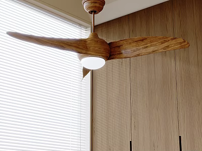 Wing Shaped Wooden Ceiling Light With White Lampshade And Wooden Wall Blinds Background 3d model