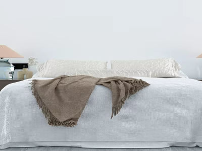 Minimalist Double Bed Interior With White Bedspread Brown Throw Blanket Pillows And Nightstand Lamp 3d model