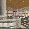 Elegant Banquet Hall Interior With Buffet Counters Hanging Chandeliers And Dining Tables