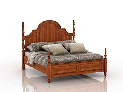 Traditional Wooden Double Bed with Curved Headboard and Decorative Posts and Patterned Bedspread with Pillows 3d model