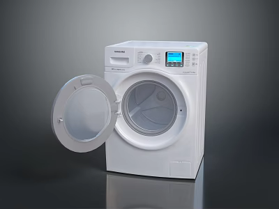 White Front Loading Washing Machine With Open Door And Digital Control Panel 3d model